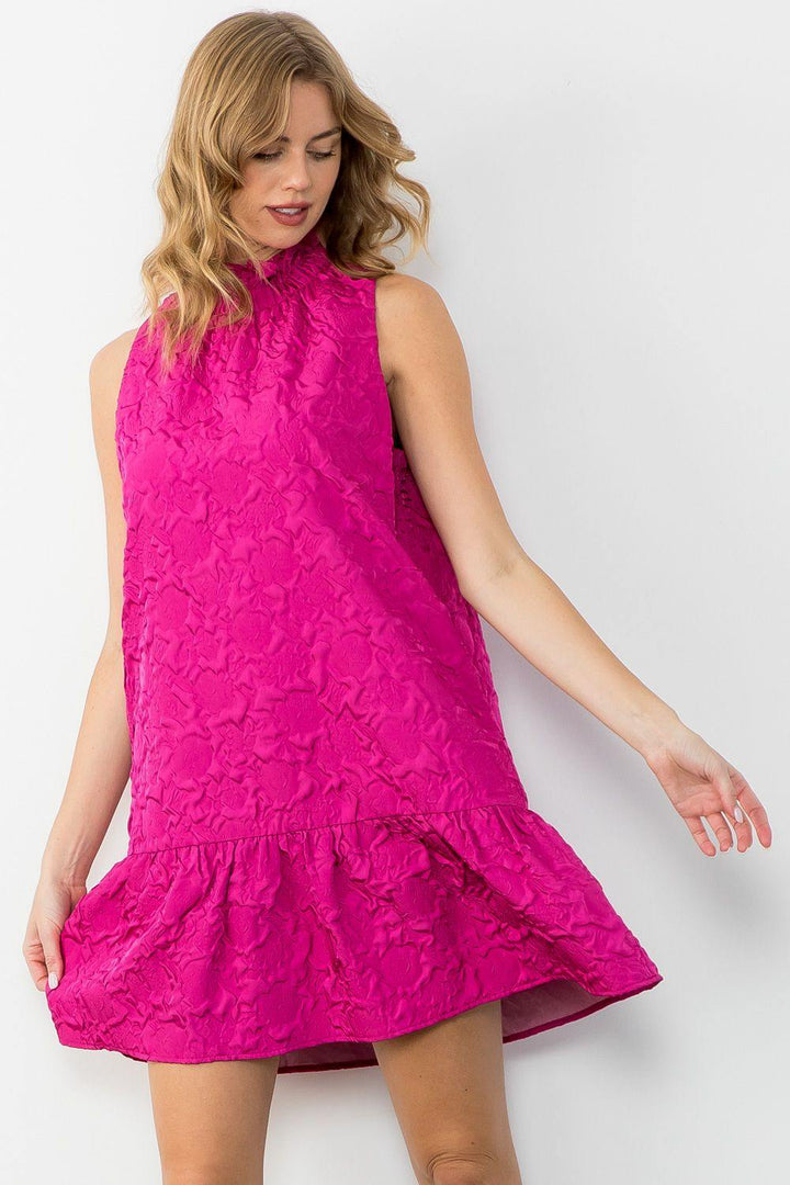 THML pink textured dress high neck pockets ruffle drop waist