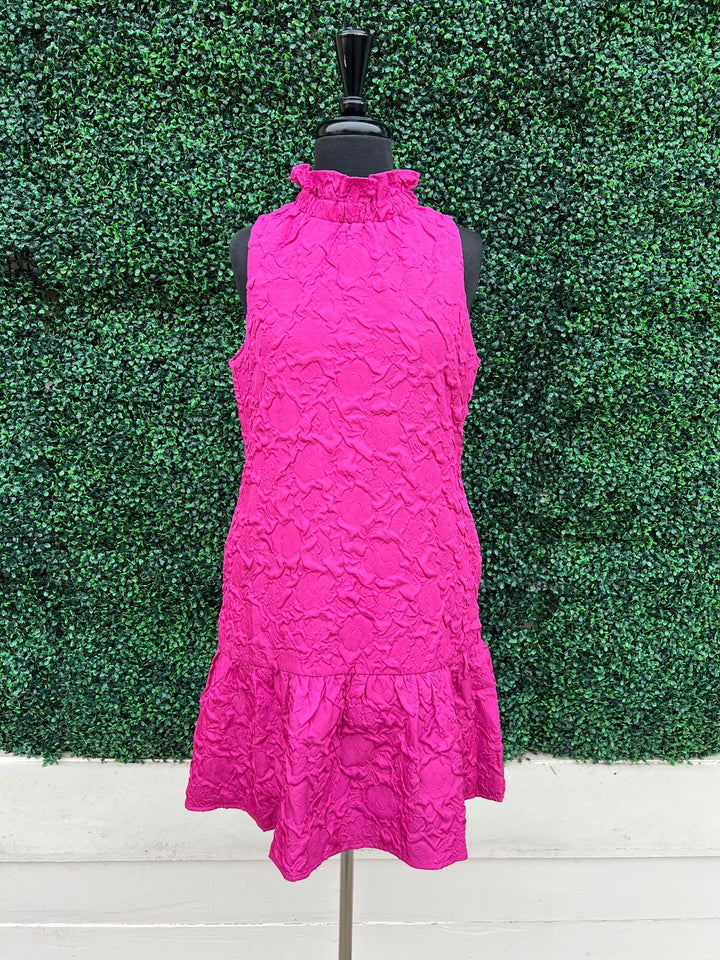 THML pink textured dress high neck pockets ruffle drop waist women&
