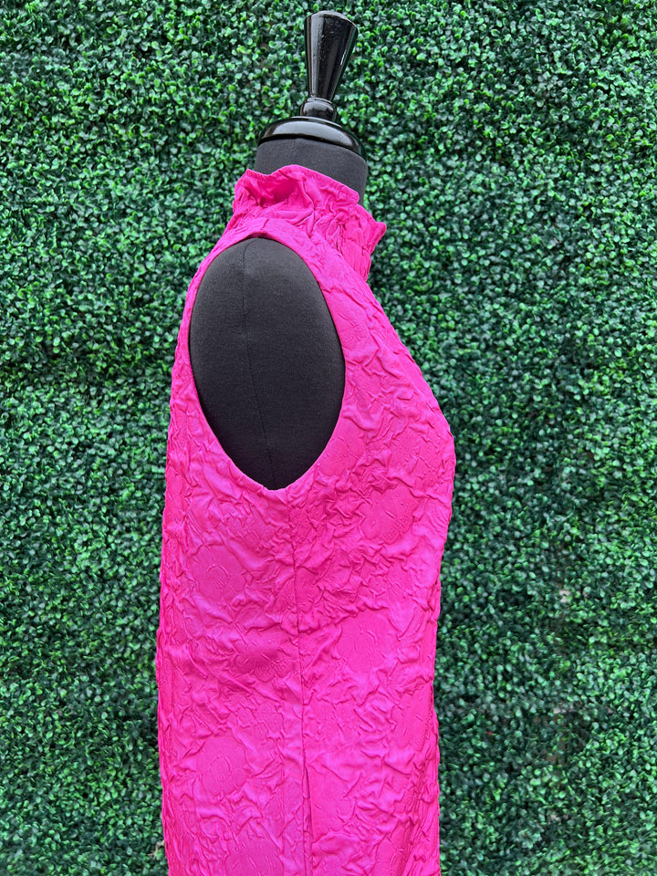 THML pink textured dress high neck pockets ruffle drop waist women&