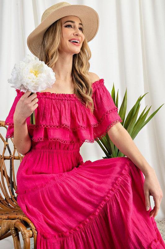 Crochet Off the Shoulder Maxi - Tres Chic Houston