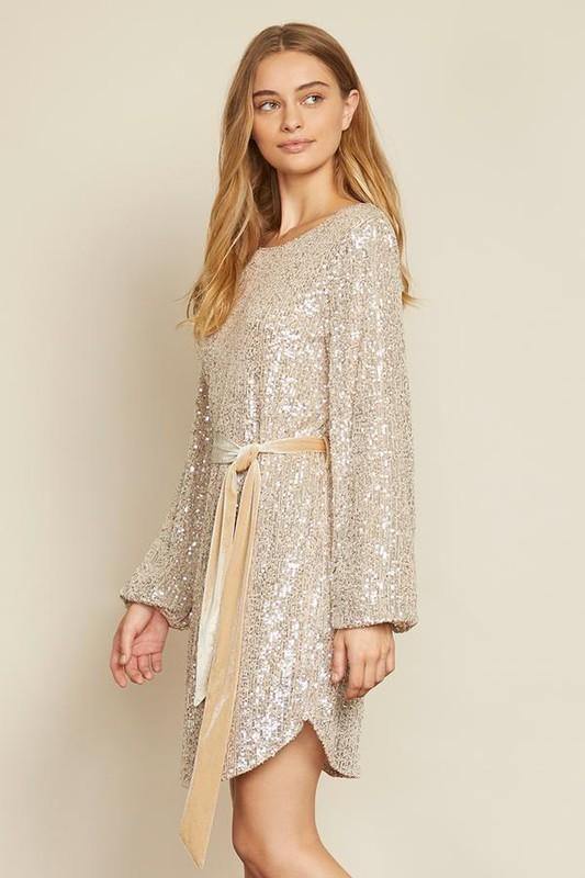 Sequin Bubble Dress with Velvet Belt - Tres Chic Houston
