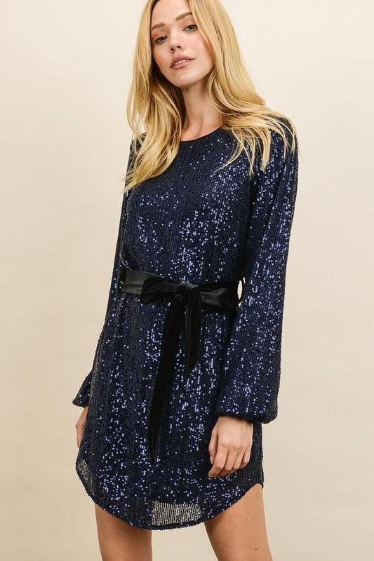 Sequin Bubble Dress with Velvet Belt - Tres Chic Houston