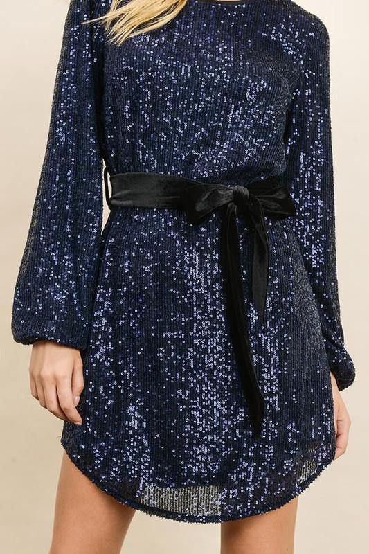 Sequin Bubble Dress with Velvet Belt - Tres Chic Houston