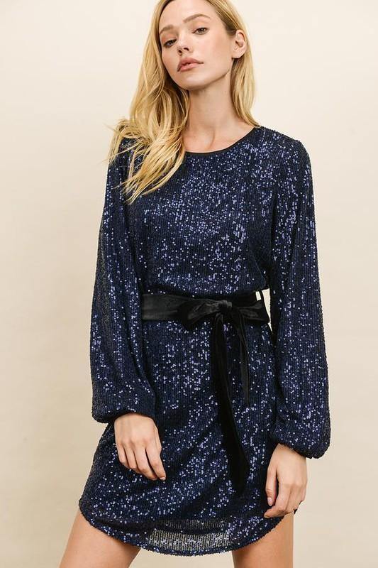 Sequin Bubble Dress with Velvet Belt - Tres Chic Houston