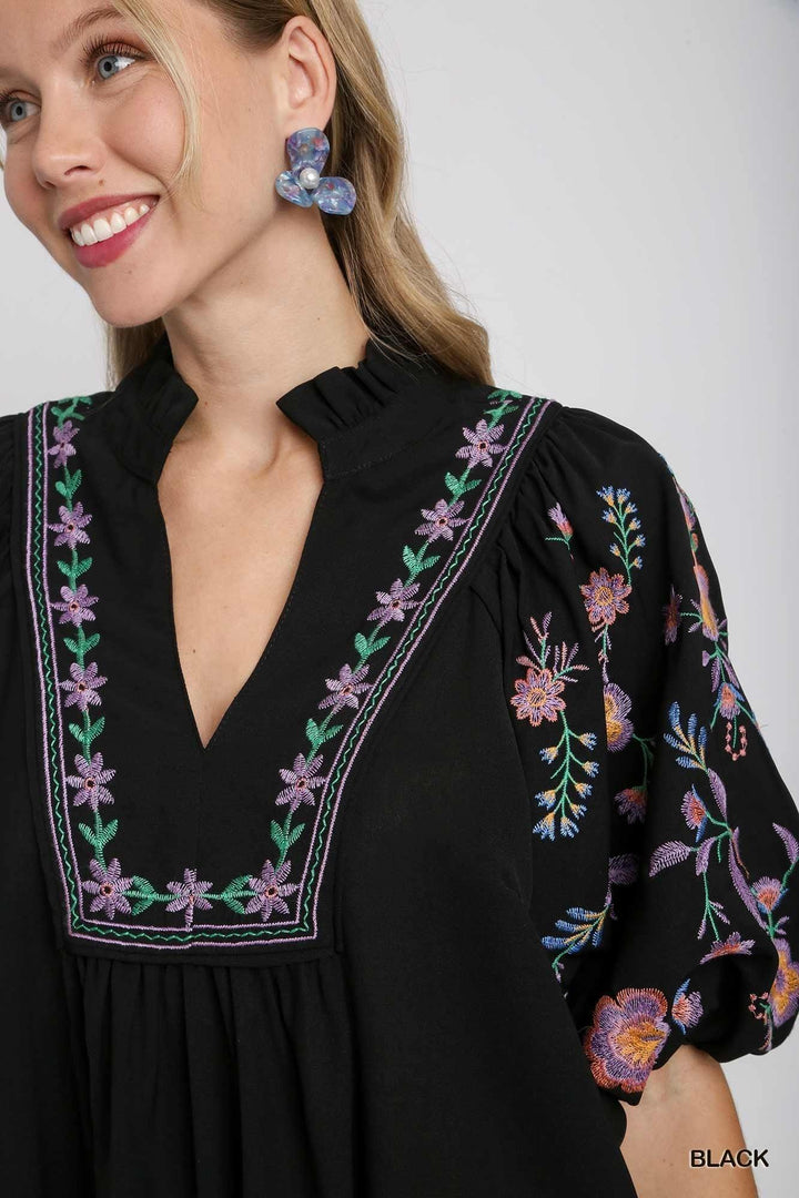 Ruffle Neck Embroidered Dress