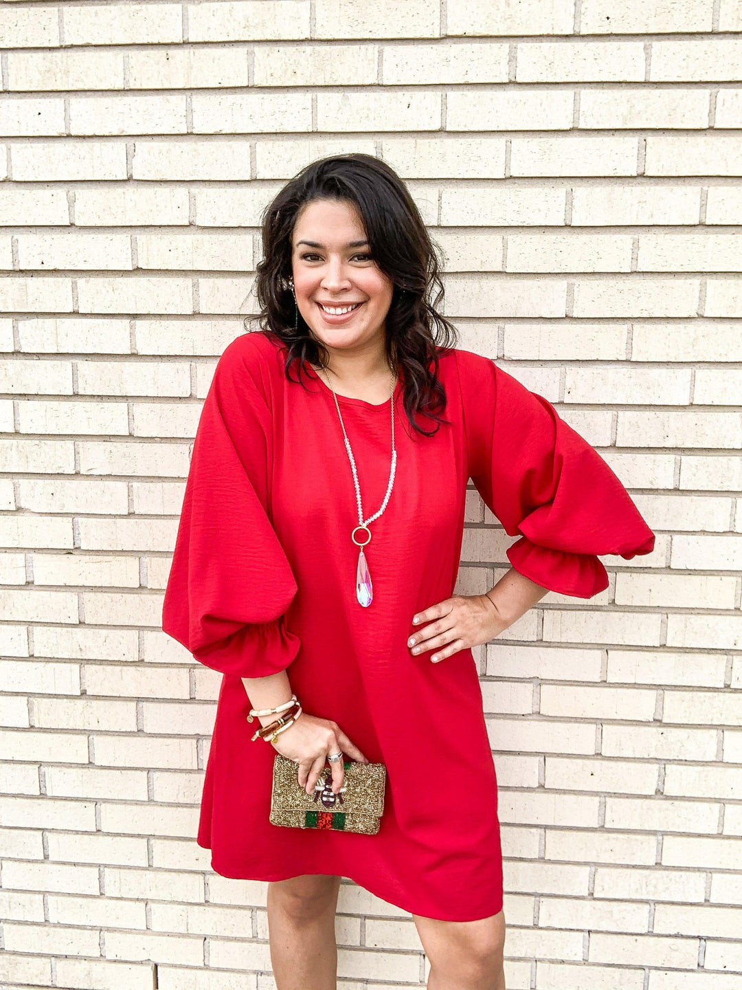Red Bubble Sleeve Shift Dress - Très Chic