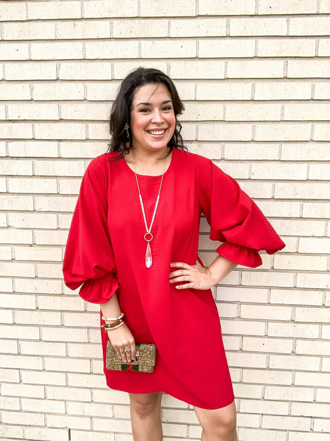 Red Bubble Sleeve Shift Dress - Très Chic