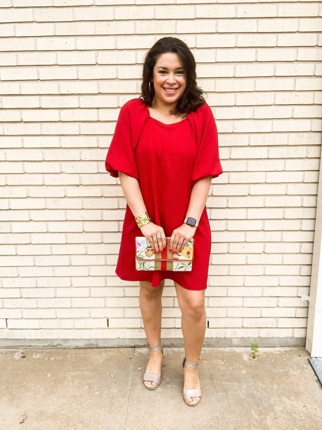Red Bubble Sleeved Dress - Très Chic