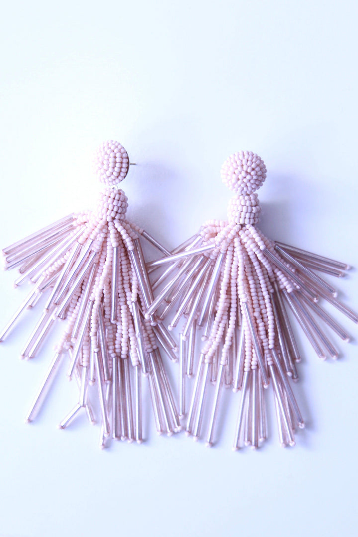 Baby pink beaded earrings available at Tres Chic woman&