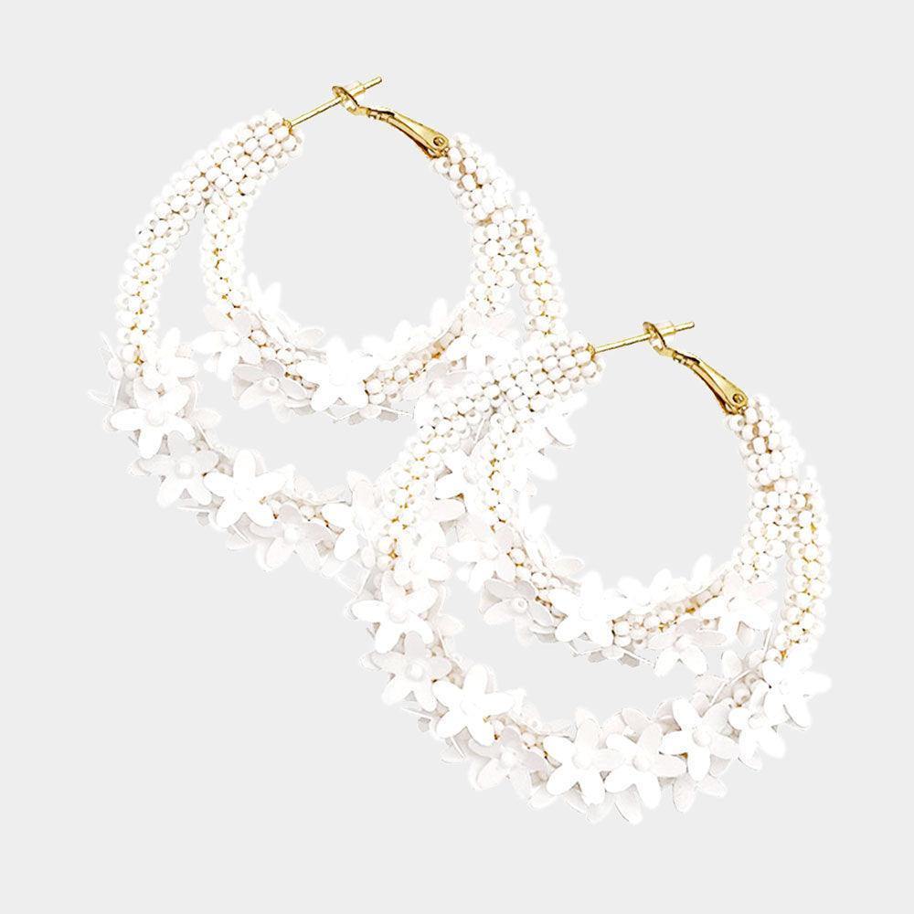 Floral Beaded Hoop Earrings - Très Chic