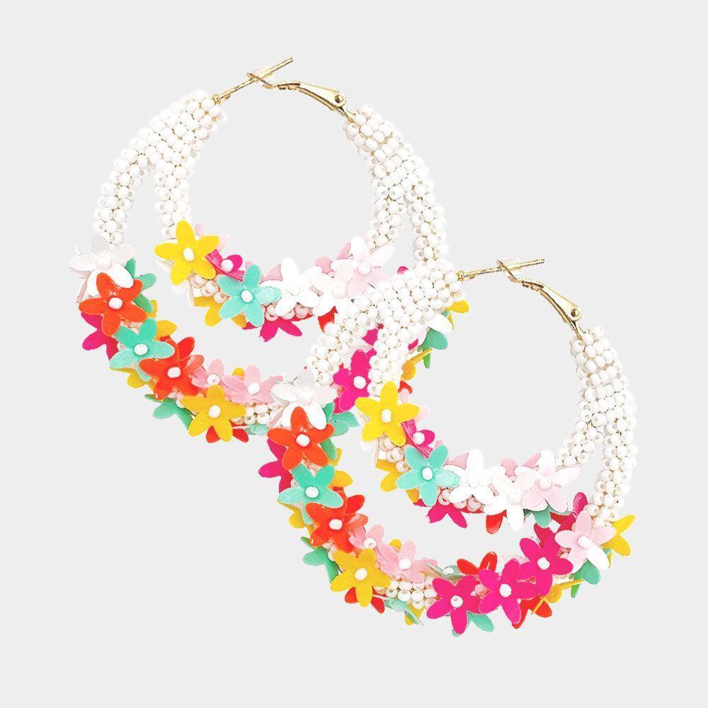 Floral Beaded Hoop Earrings - Très Chic