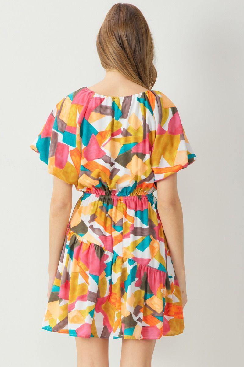 bright pattern summer dress puff sleeve