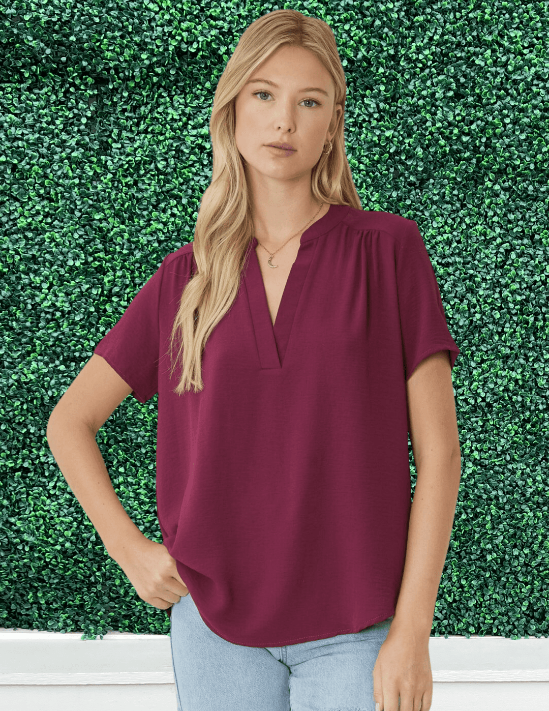 entro brand basic colorful tops Mock Collar Pleat Detailed maroon