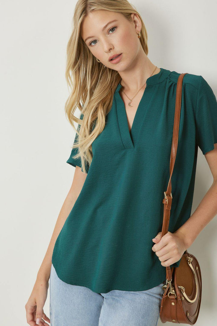 entro brand basic colorful tops Mock Collar Pleat Detailed teal blue