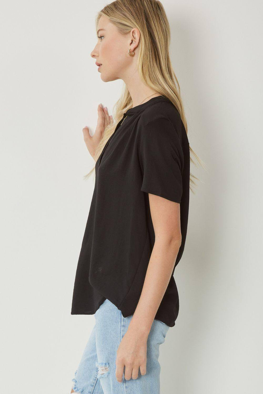 entro brand basic colorful tops Mock Collar Pleat Detailed black