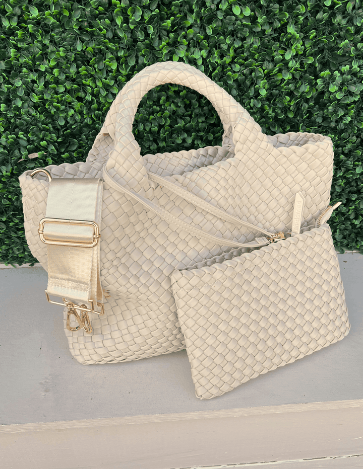 cream colored woven neoprene tote tres chic boutique near me 