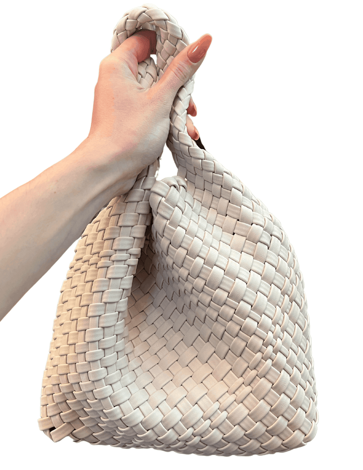 off white woven tote bag tres chic boutique