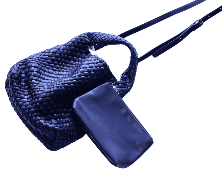 Black woven bag with small insert bag and cross body strap