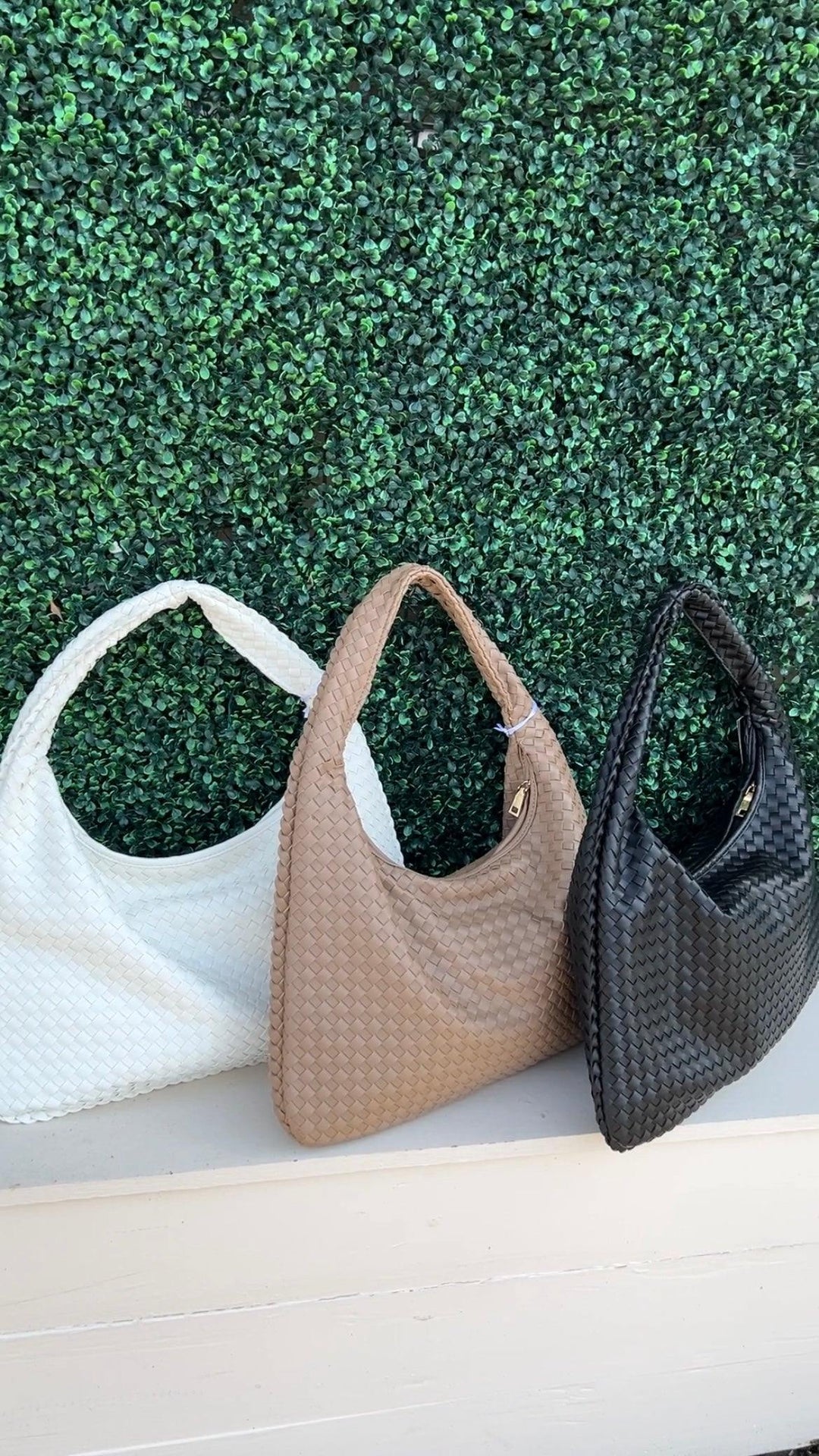 Braided Hem Purse black tan white zip closed shoulder tres chic houston