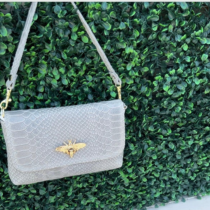 bee clasp embossed leather purse/clutch/crossbody grey