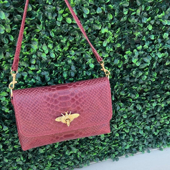 bee clasp embossed leather purse/clutch/crossbody houston