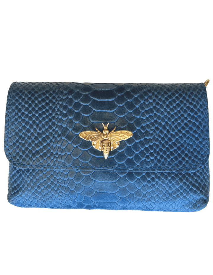 demin colored bee clasp gold mini purse