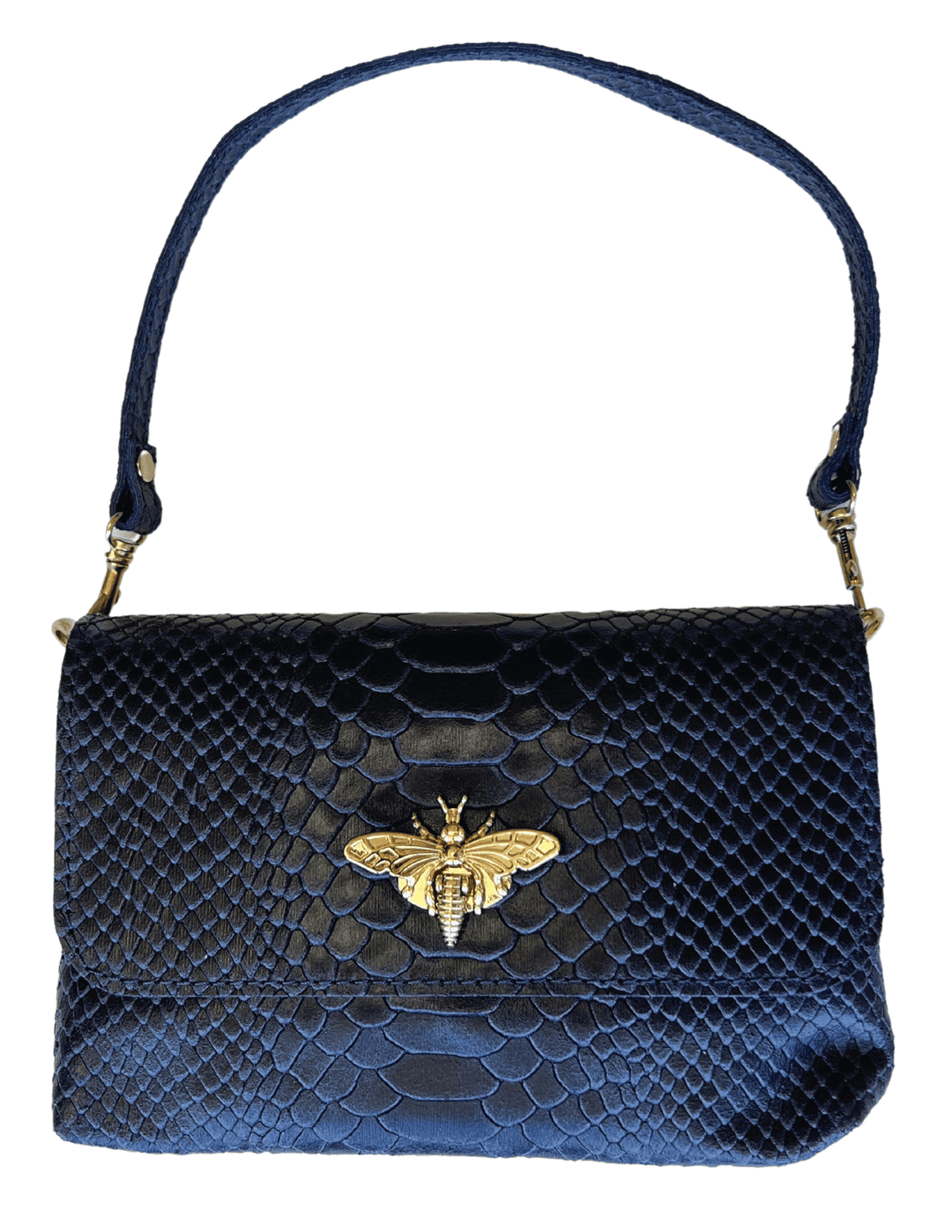 dark navy leather bee bag clasp