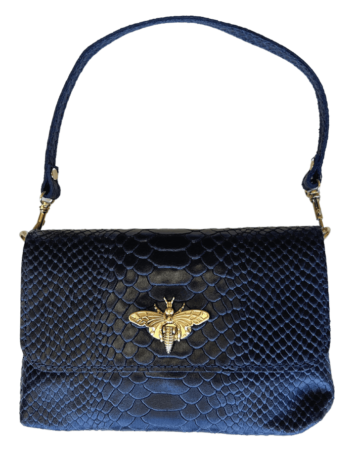dark navy leather bee bag clasp