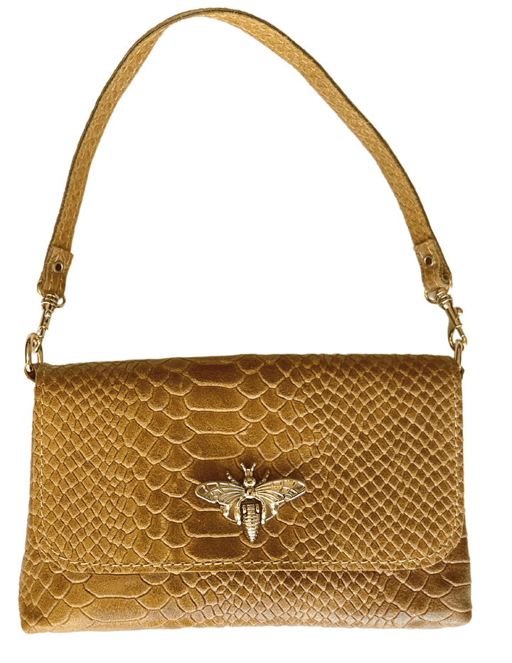 mustard colored leather bee clasp bag mini