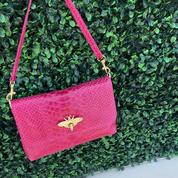 tres chic houston leather bee bags fuchsia