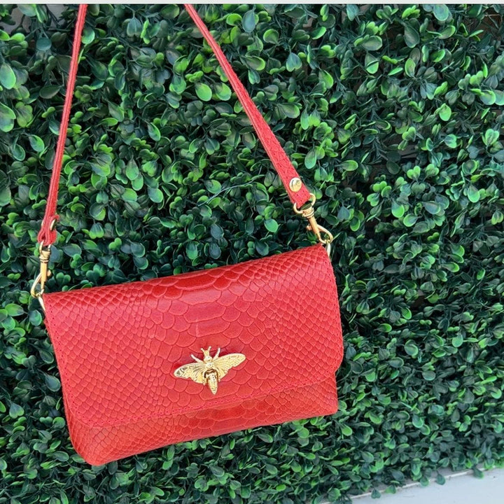 bee clasp embossed leather purse/clutch/crossbody red