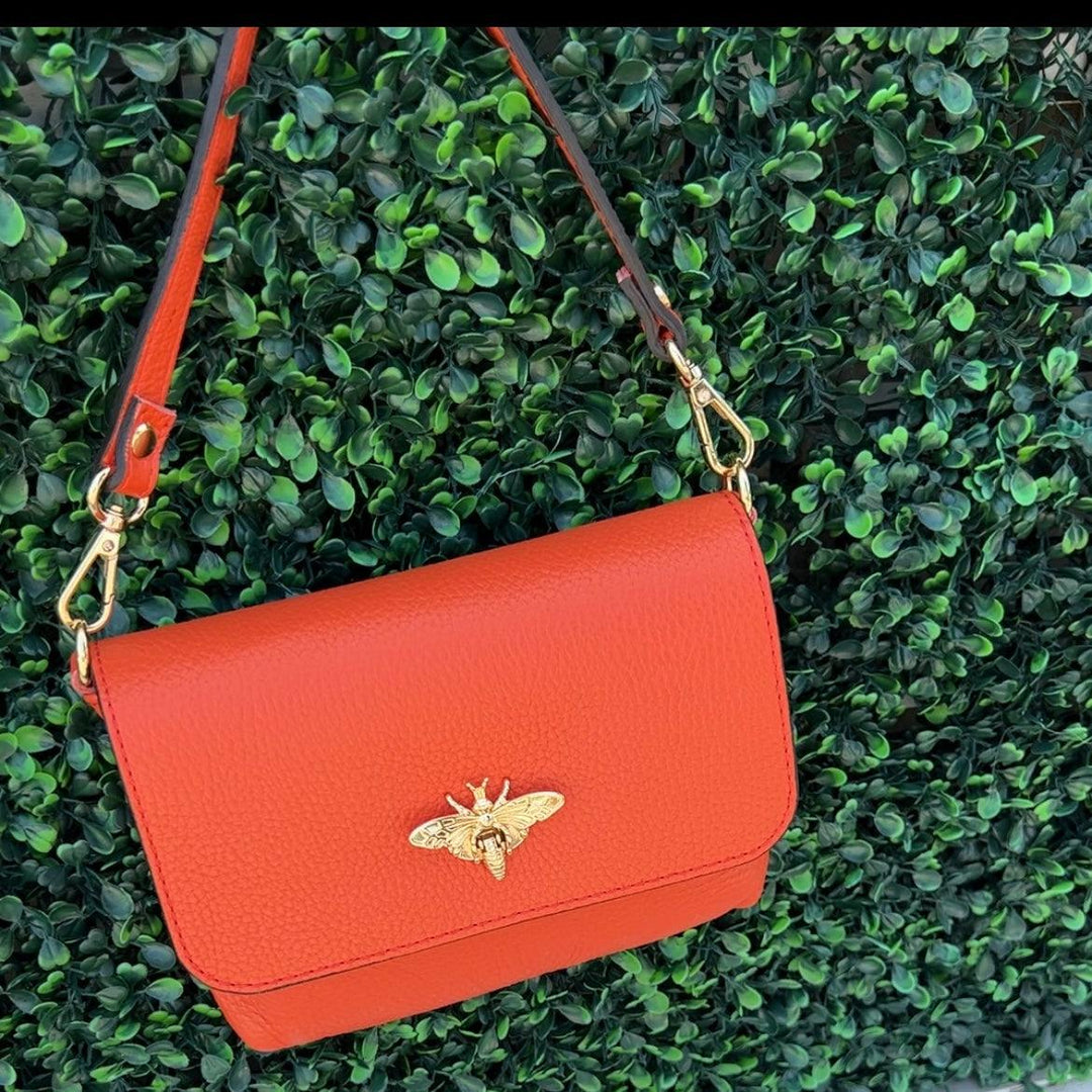 leather bee clasp bag boutique orange