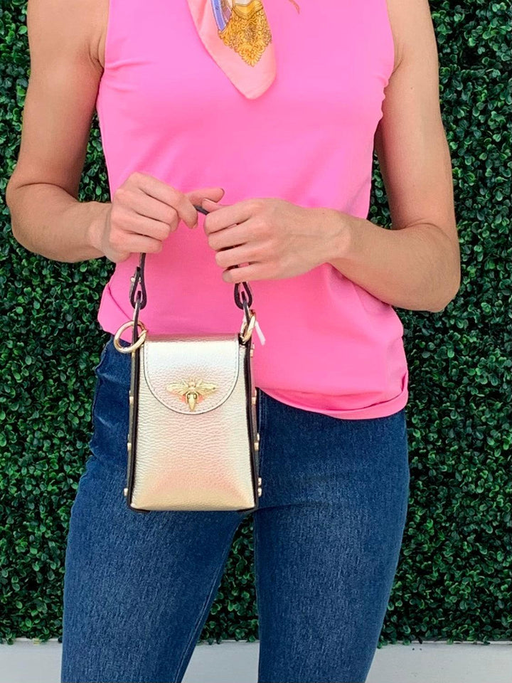 Gold bee bag styled at Tres Chic