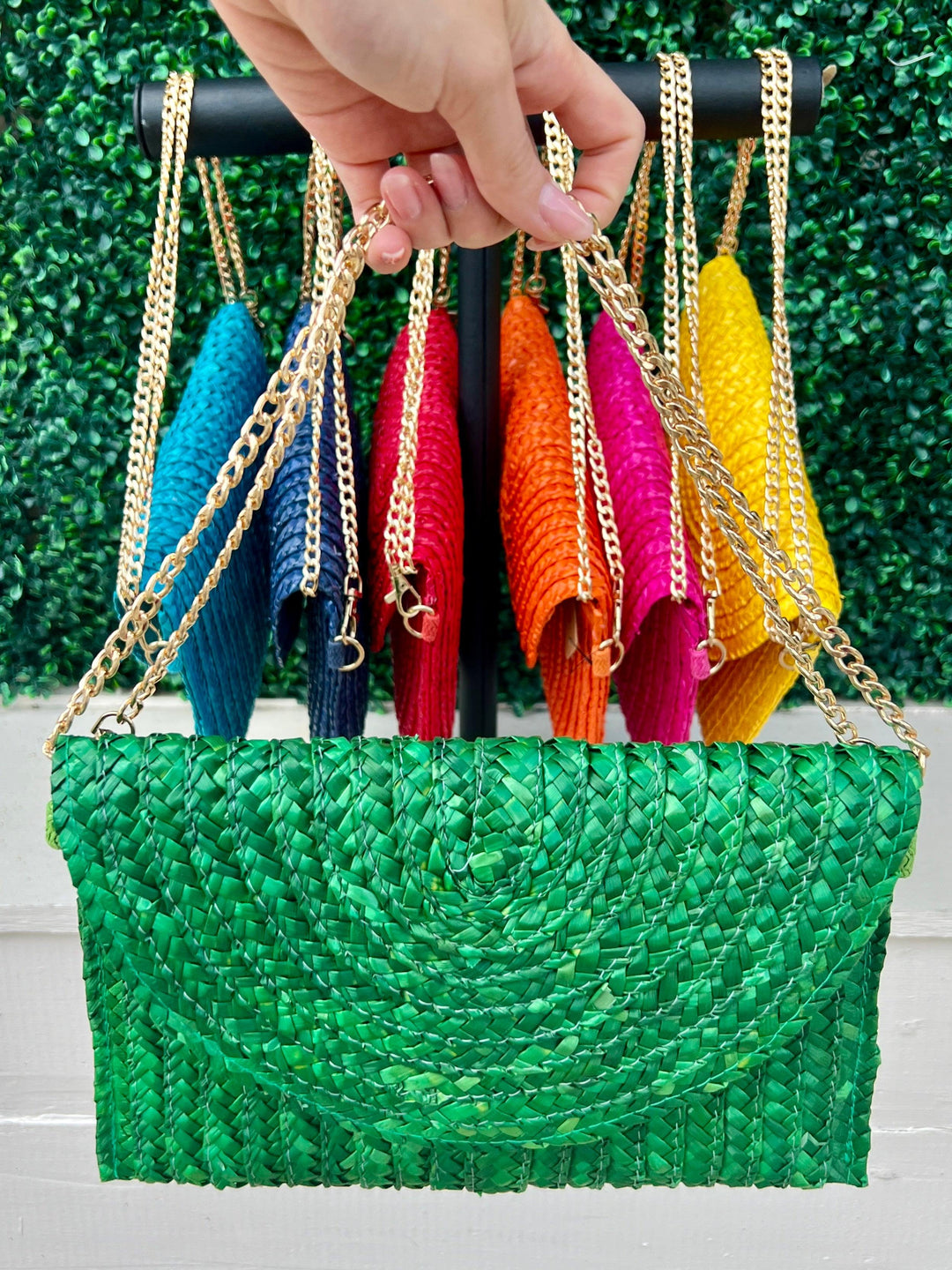 Colored straw envelope clutch with removable crossbody chain purse handbag boutique summer