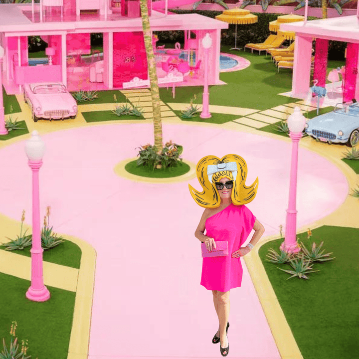 pink beaded clutch barbie look