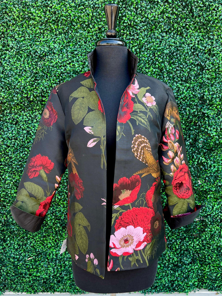 Rose &amp; Bird Print Short Jacket red, gold, black grace chuang