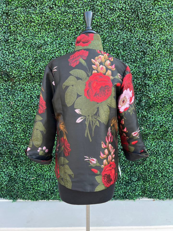 Rose &amp; Bird Print Short Jacket red, gold, black grace chuang