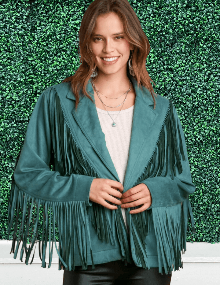 teal Faux Suede Fringe Snap Button Jacket &amp; Side Pockets