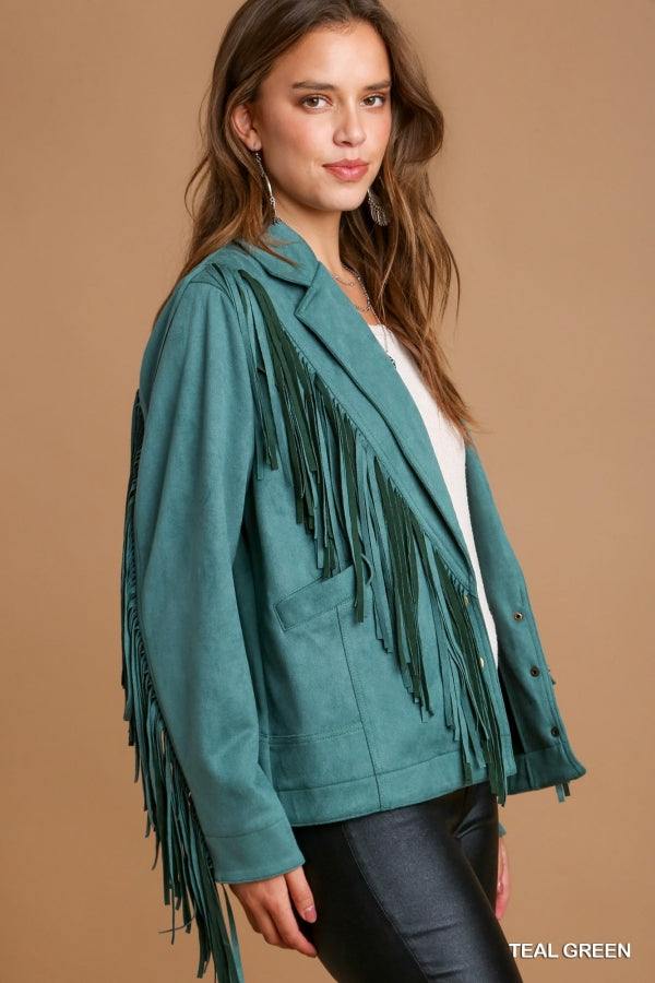 teal Faux Suede Fringe Snap Button Jacket & Side Pockets