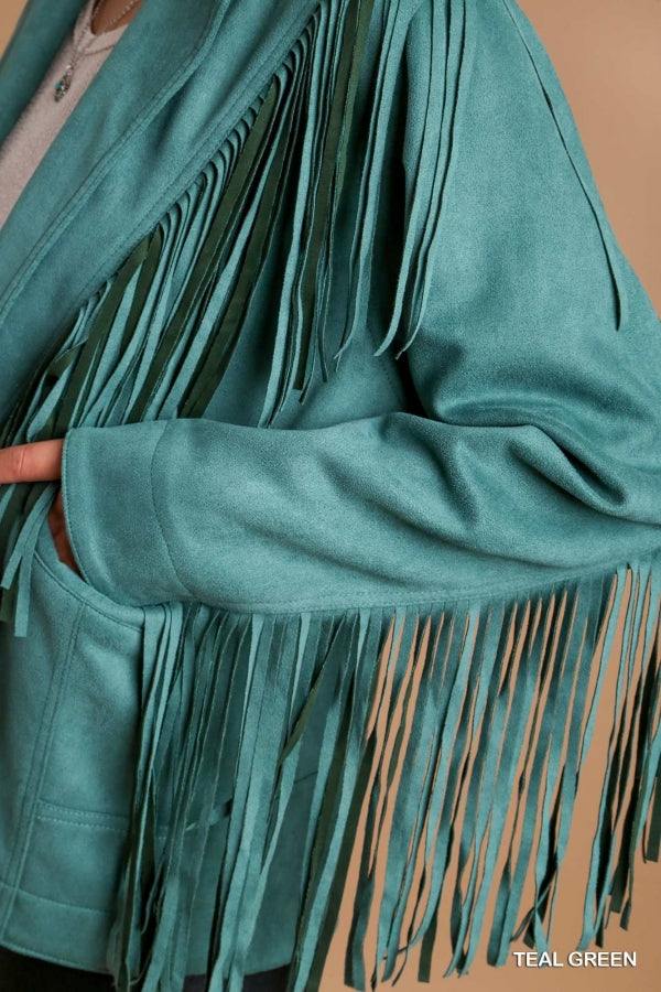 teal Faux Suede Fringe Snap Button Jacket &amp; Side Pockets