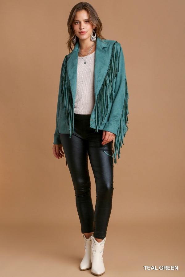 teal Faux Suede Fringe Snap Button Jacket &amp; Side Pockets