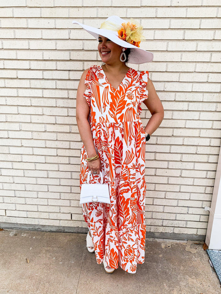 Orange &amp; White Jungle Tropics Maxi Dress - Très Chic