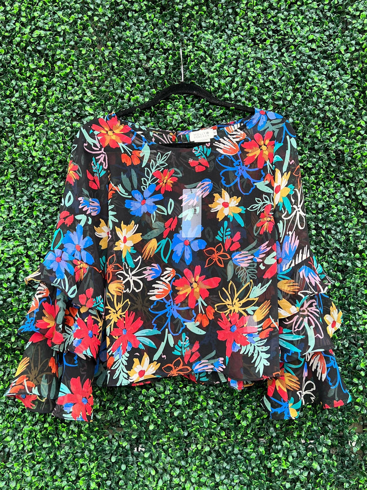Floral Sheer Bell Sleeved Top - Très Chic