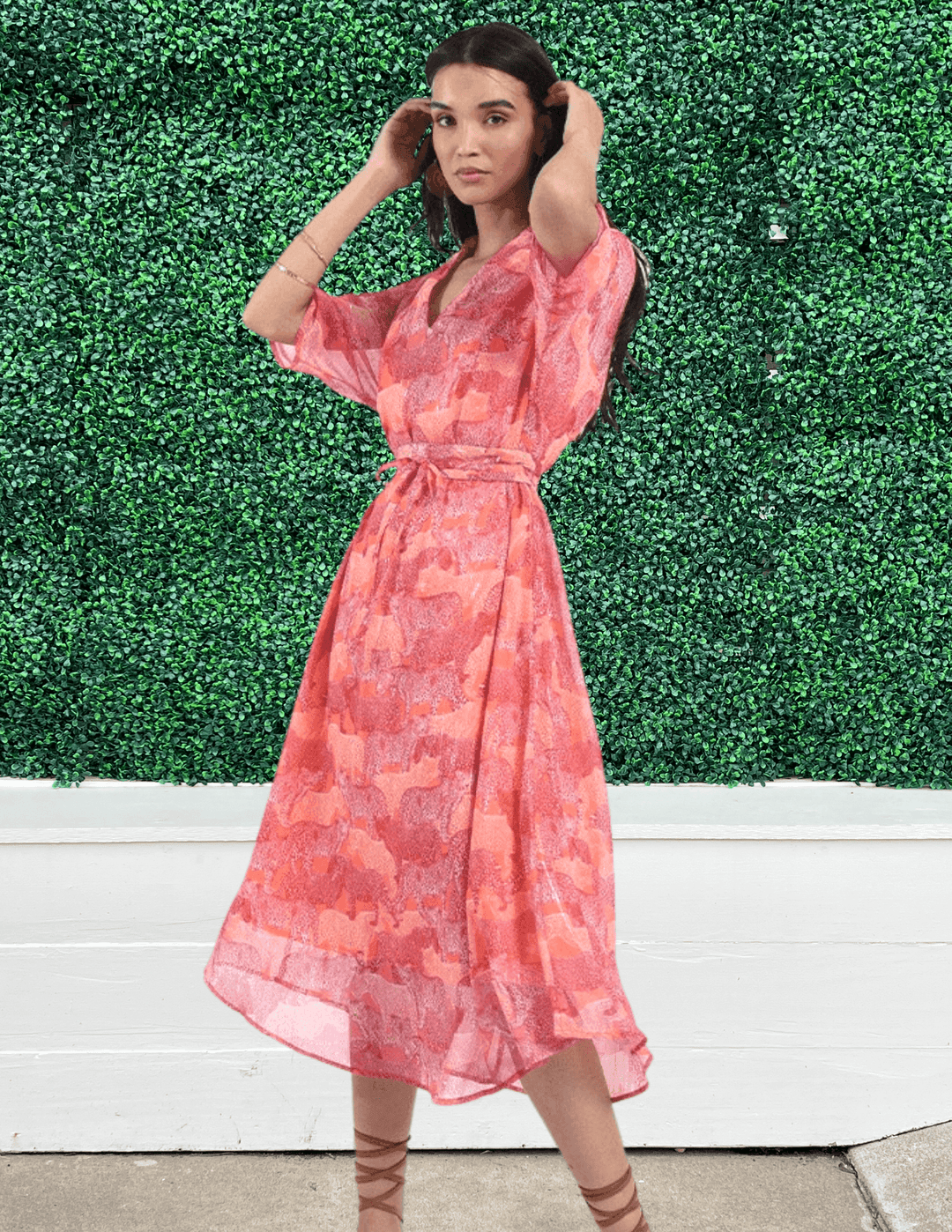 leopard animal print pink and orange midi dress with belt