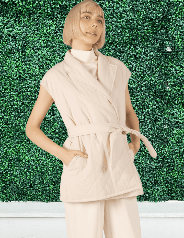 cream quilted belted cap sleeve wrap vest with pockets spring layering