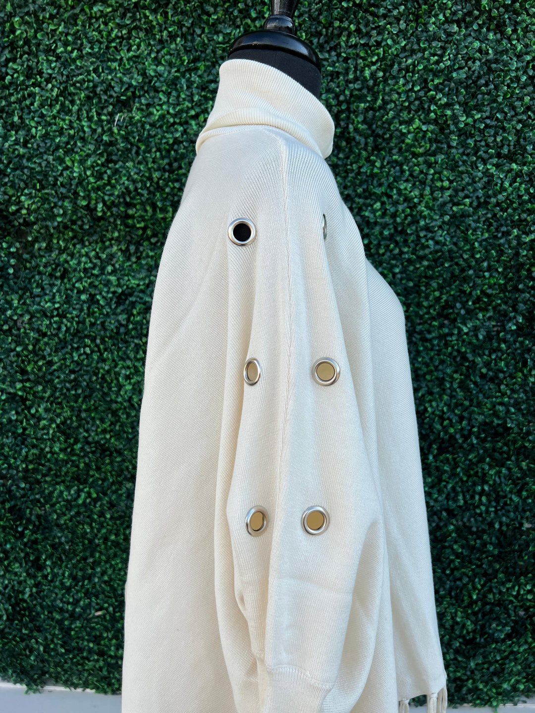 Knit Turtlenck fringed poncho grommets tres chic boutique before you collection cream