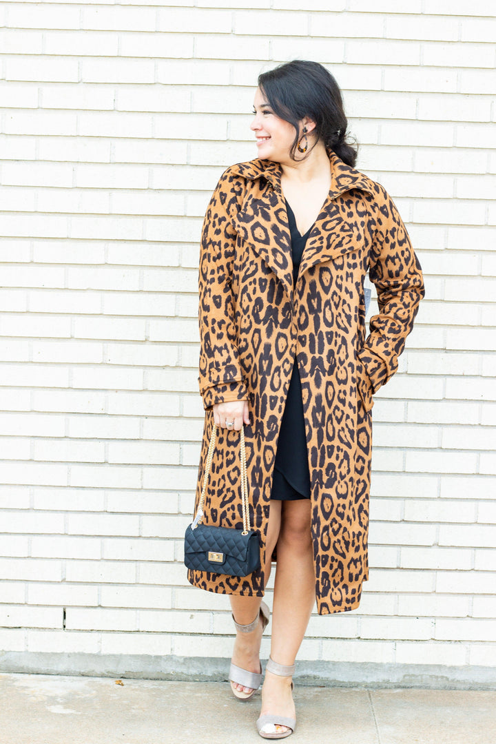 Faux Suede Cheetah Open Long Trench Jacket - Très Chic