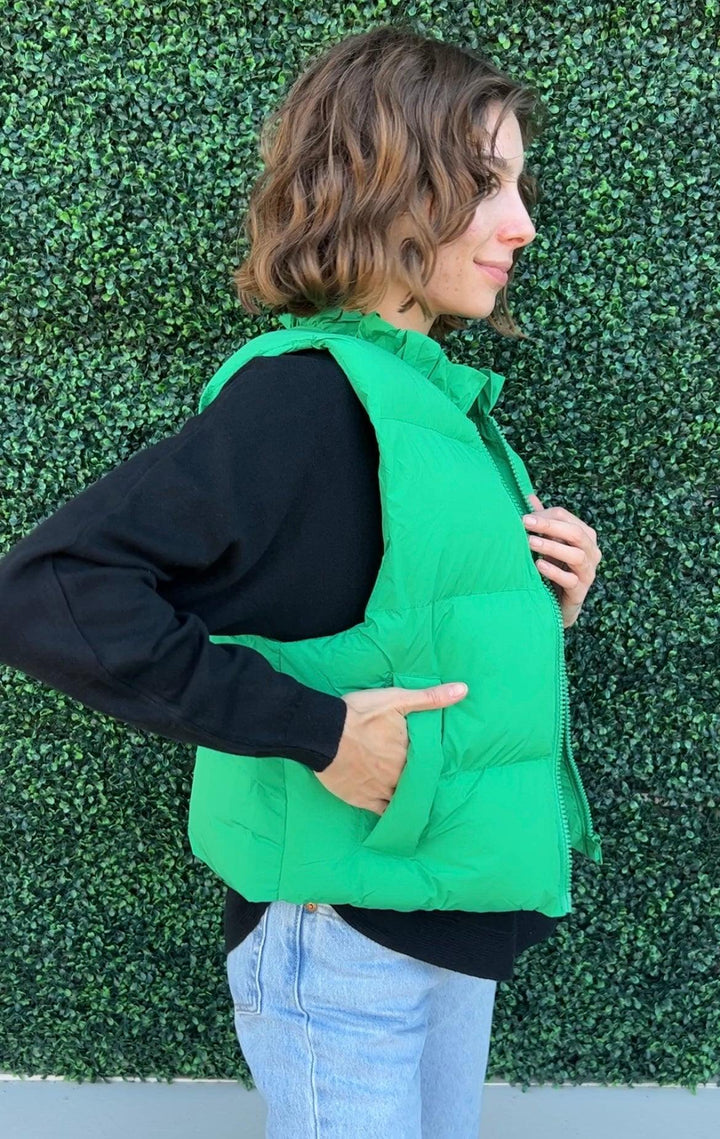 Kelly green ruffle neck geegee brand cropped short puffer vest with pockets