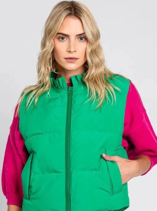 Kelly green ruffle neck geegee brand cropped short puffer vest with pockets