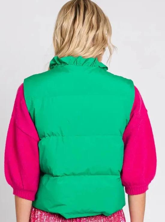 Kelly green ruffle neck geegee brand cropped short puffer vest with pockets